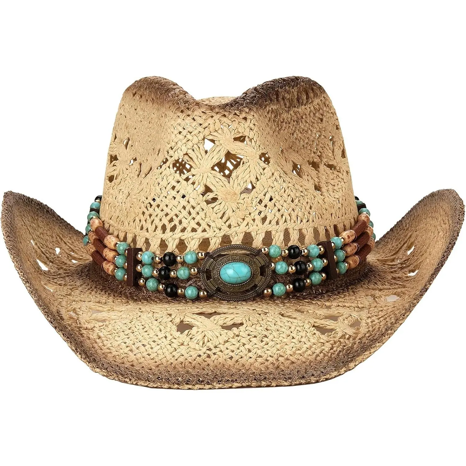 Handmade Craft Woven Straw Cowboy Hat, Western Style with Floral Band for Men & Women, Breathable Beach Sun Hat with Moldable Brim, Straw Linen