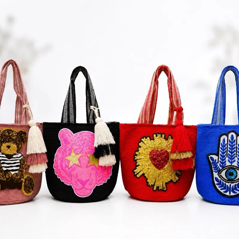 Handmade Wayuu Tote Bag with Sequin Appliqué  Crochet Shoulder Bag | Colombian Artisan Handbag