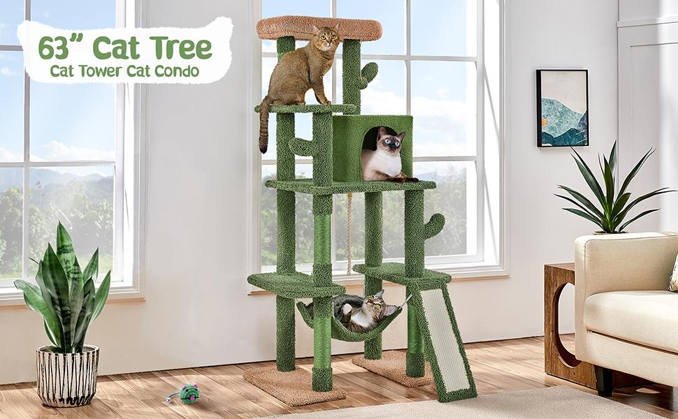 Yaheetech 63" H Tall Cactus Cat Tree - Multi-Level Indoor Cat Tower with Sisal-Covered Scratching Posts, Condo, Hammock Activity Center for Kittens