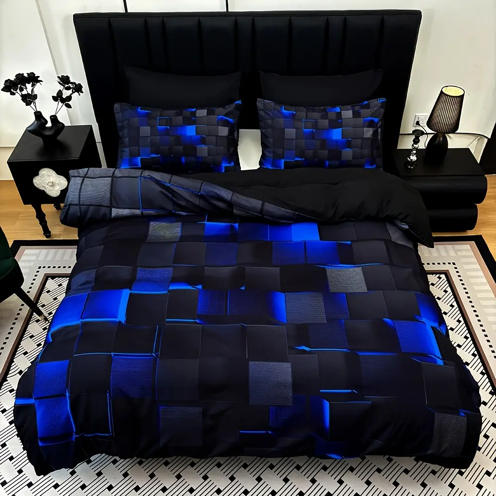 3 Piece Comforter Cover Set Full/Queen/King, Blue Red Technology Print Bedding, Gaming Duvet Cover with Pillowcases, Microfiber Fitted Sheet Included