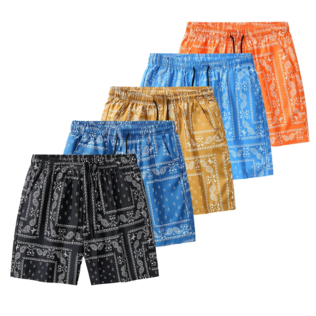 Men's Multi Pack Novelty Casual Shorts Drawstring/Pullstring Waist, Vibrant Paisley Theme, Intricate Floral Vine Geometric Details, Eastern Exotic Flair, Washable Drawstring Beach Shorts, Novelty Men's Shorts