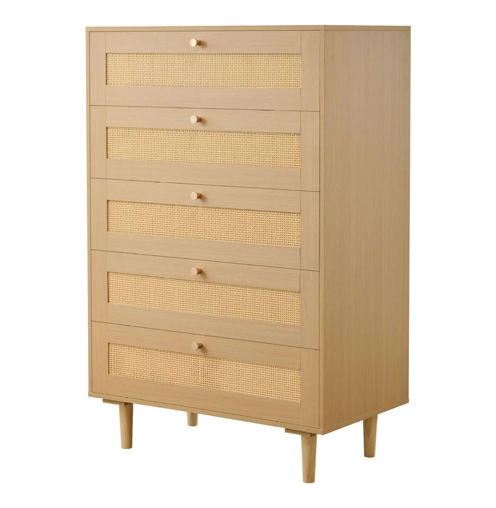 5 Drawer Rattan Dresser, Bedroom Dresser, Natural Wicker Chest of Drawers, Closet Organizer with Metal Handles & Wooden Legs, Boho Storage for Clothes, Living Room Default