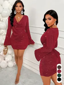 Women's Elegant Plain Party Mini Dress, Long Sleeve Adjustable Drawstring Waist, Sparkle Knit Fabric, Suitable for Wedding Halloween Christmas