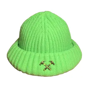 Nina Knit Beenie Hat - Cotton Hat with Drawstring Closure and Embroidered Cross Design