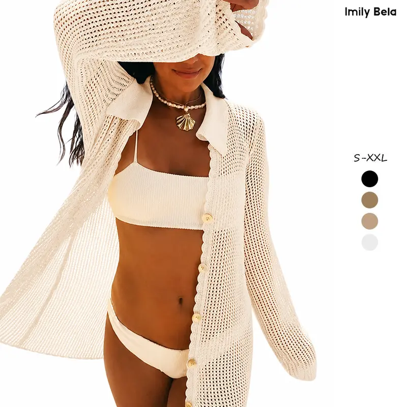 Imily Bela Womens Crochet Swimsuit Coverup Button Down Long Sleeve Cardigan Mini Dress Beach Cover Ups Vacation Outfits