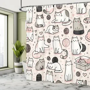 Cute Cat Pattern Waterproof Shower Curtain, 1 Count Pastel Cartoon Animal Pattern Bathroom Curtain with Hooks, Bathroom Decor Supplies for Home Hotel Salon, Bathroom Decoration Accessories