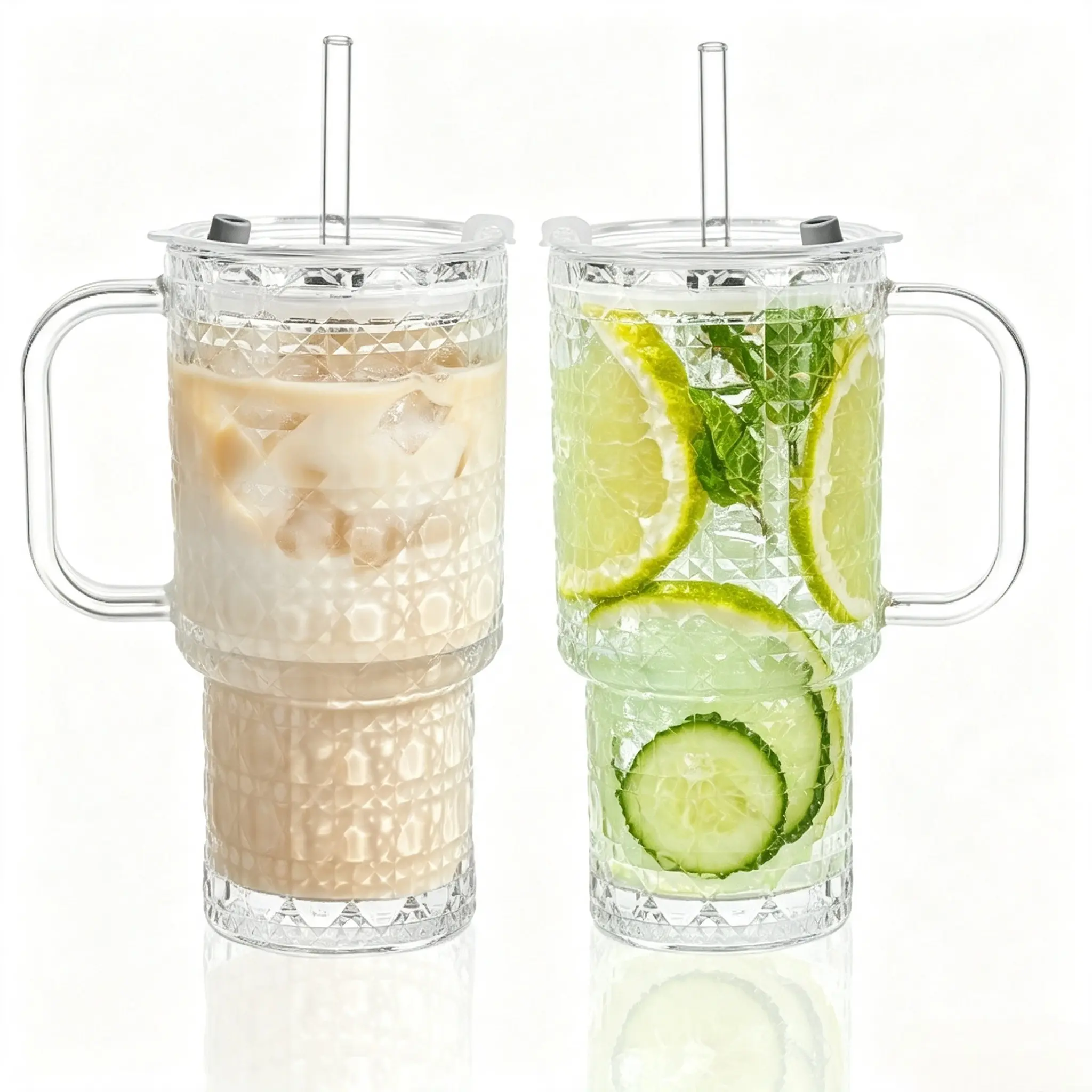 17oz/26oz Glass Tumbler with Lid and Straw, 2 Pack, Reusable Clear Coffee & Cold Drink Cups with Handle, Perfect for Home, Office, Outdoor, Parties, Juice, Iced Coffee, Beverage Drinkware, Easy to Clean, Ideal Gift for DIY & Lifestyle Lovers