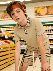 Boys' Polo Plaid Trim Set, British Style Casual Sporty Two-Piece, Slim-Fitting Dinosaur Pattern Shorts, Perfect for Leisure