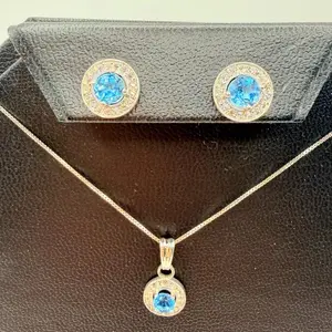 Blue Topaz Jewelry Set in Sterling Silver, Halo Stud Earrings & Pendant Necklace, December Birthstone Gift for Her