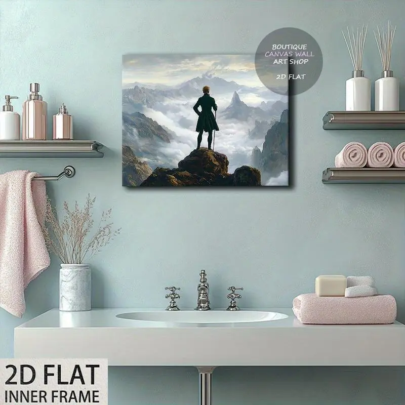 12x16 in Decorative 2D Flat Canvas Wall Art with Wood Inner Frame, Modern Tranquil Mountain-Cliff-Cloud Print, Ideal for Indoor Living Space Decor (No Extraneous Add-ons), 12X16 Inches