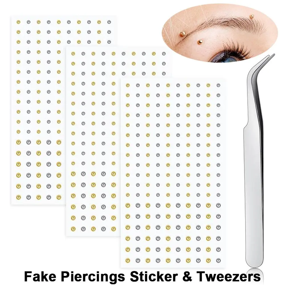 180Pcs (3 Sheets) Classic Golden/Silvery Fake Piercings Sticker Set - Self-Adhesive No Piercing Needed, Fake Lip Ring Nose Ring Eyebrow Piercing, Punk Y2K Makeup Jewelry w/Tweezers, Skin-Safe Press & Stay 6-8Hrs