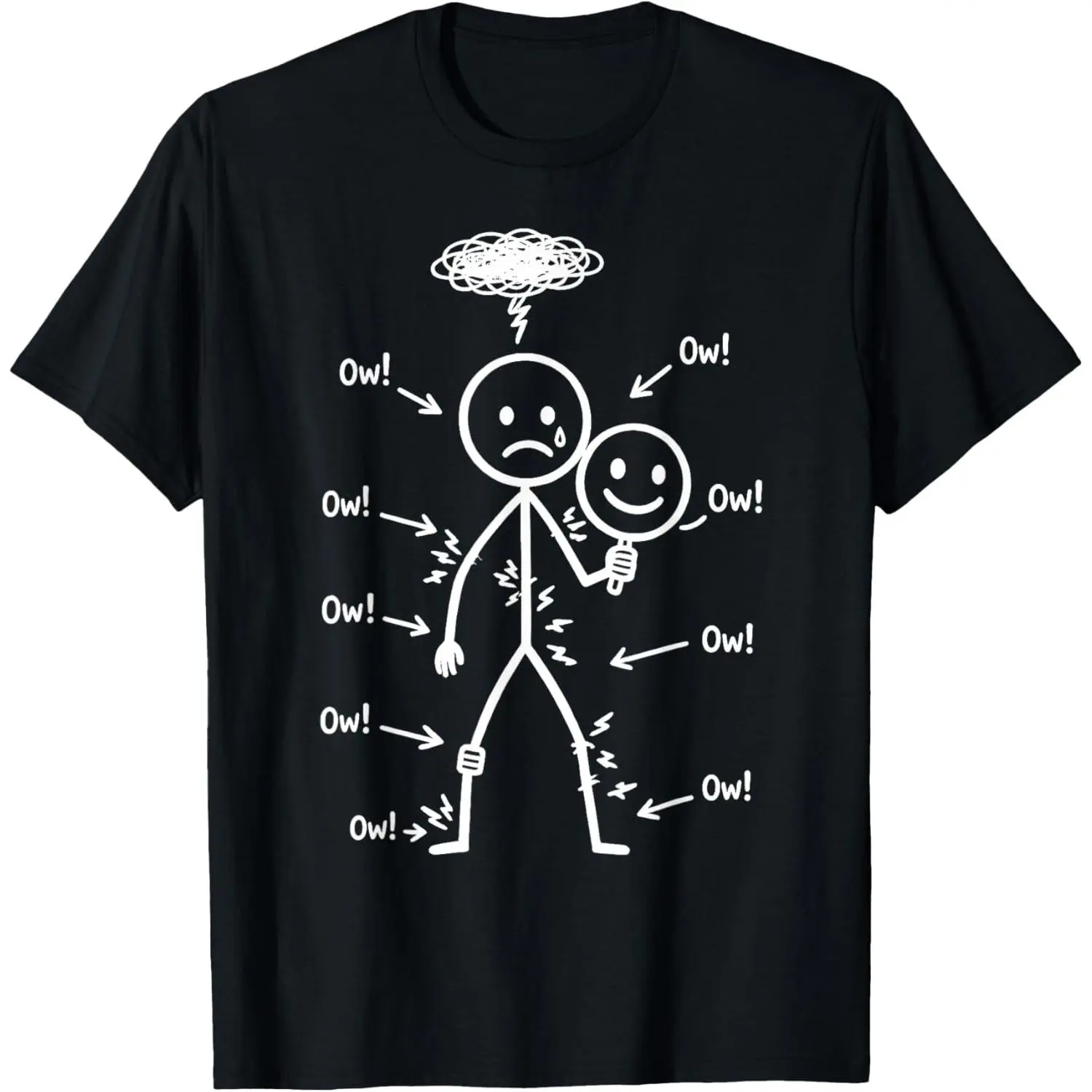 100%cotton Ow Ow Ow Humorous Chronic Pain Awareness Stick Character T-Shirt