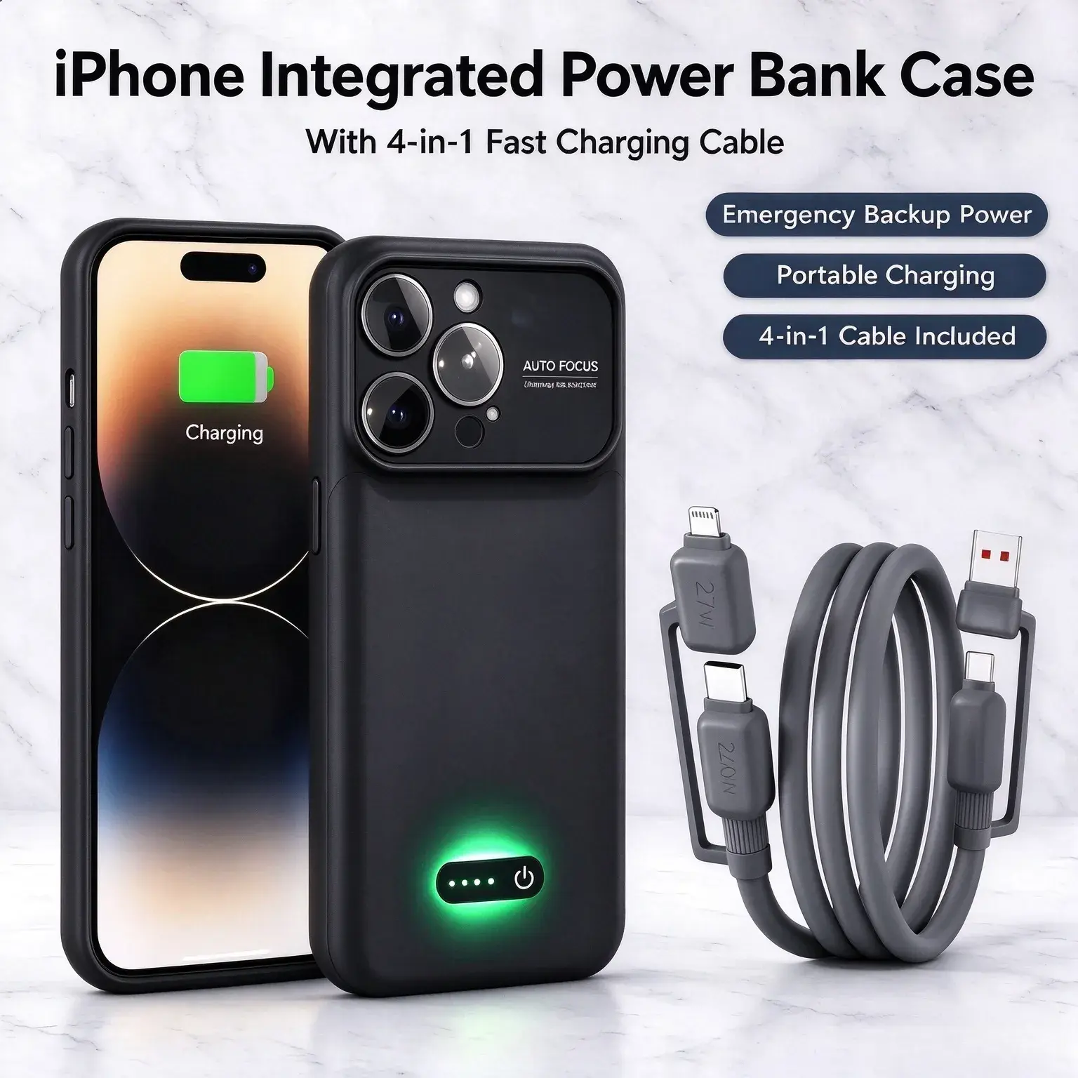 1-in-1 Smartphone Protective Charging Case - Built-in Multi-Connector Cable Power Bank, Lightweight Shockproof Backup Battery Cover, Compact Portable Button Protection power bank power bank charger battery power bank Chargeable