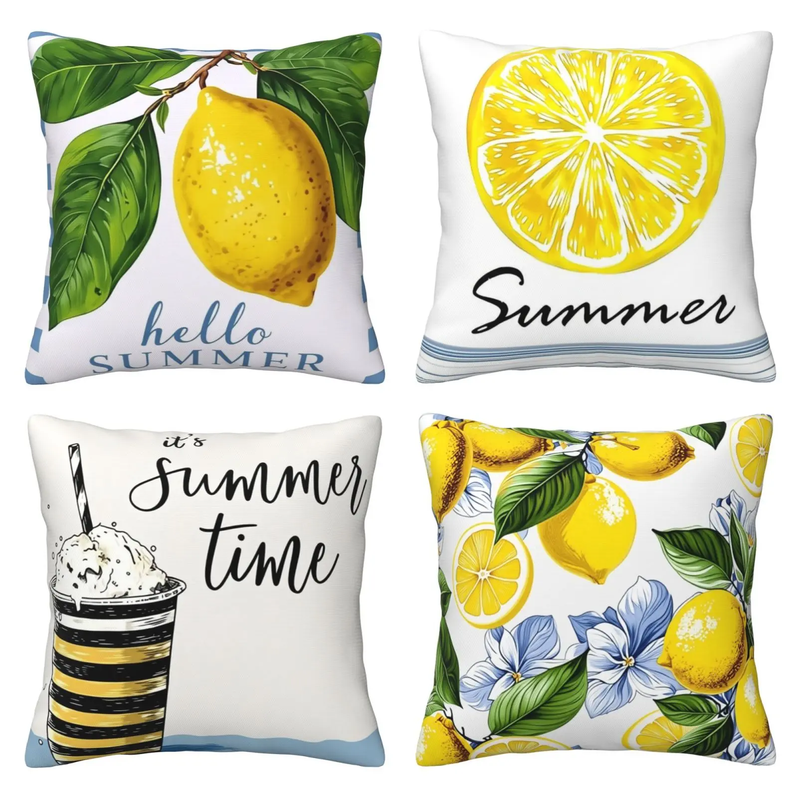 Summer Lemon Pattern Pillow Cover, Yellow Lemon Print, White Farmhouse Style Pillowcase, Indoor and Outdoor Decorative Cushion Cover, Suitable for Sofa, 4-piece Set with Double sided Printing