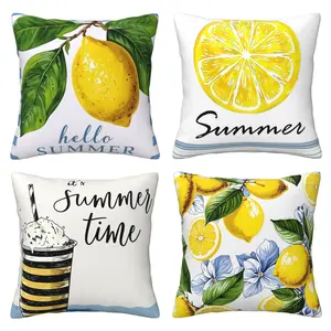 Summer Lemon Pattern Pillow Cover, Yellow Lemon Print, White Farmhouse Style Pillowcase, Indoor and Outdoor Decorative Cushion Cover, Suitable for Sofa, 4-piece Set with Double sided Printing
