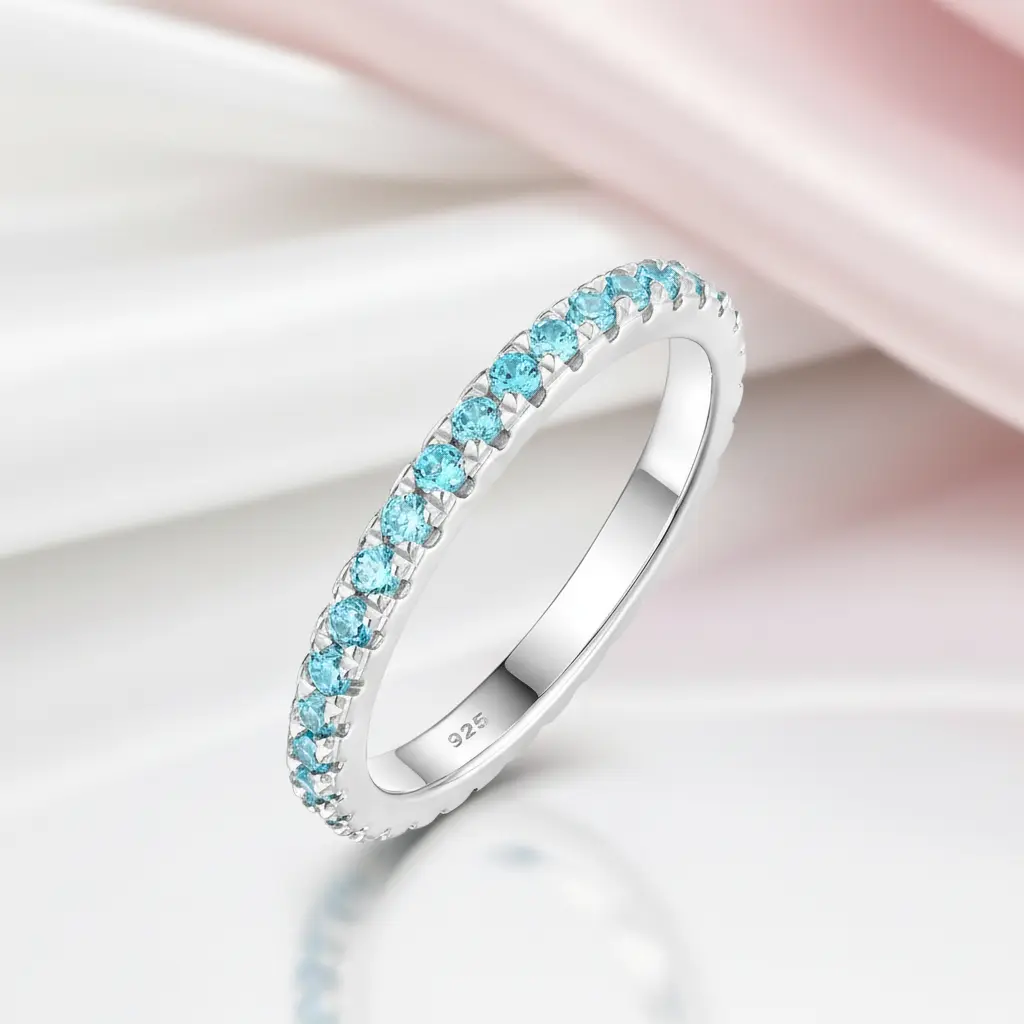 Full Eternity Light Aquamarine Blue Wedding Band
