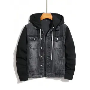 Men's Button Front Long Sleeve Pocket Casual Denim Hoodie Jacket Fabric Menswear Coats Hem