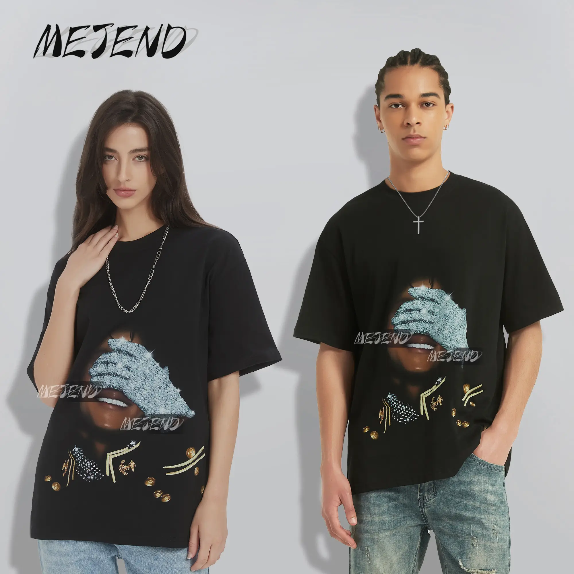 Mens Graphic Tees 250Gsm Cotton Oversized Mens tshirt rhinestone shirt Comfort Shortsleeve Casual Streetwear tee MeJend Sweatshirt