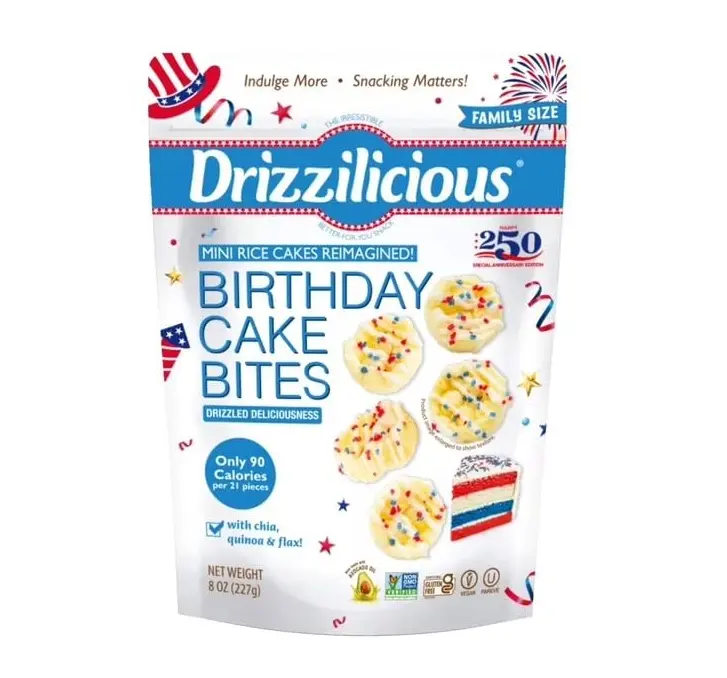Drizzilicious Mini Flavored Rice Cakes Birthday Cake - Rice Crisps, Healthy Snack for Adults and Kids, Vegan, Gluten Free Snack, Allergen Free, Only 90 Calories Per 21 Pieces - 4 oz (Pack of 1)