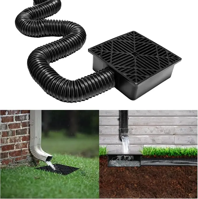 Catch Basin Downspout Drainage Kit, 9"×9" Low‑Profile Gutter Downspout Extender with 1‑2 Extendable Flexible Hoses, Removable Grate & Adapters, Outdoor Rain Water Drainage System for Yard, Lawn, Patio & House Foundation
