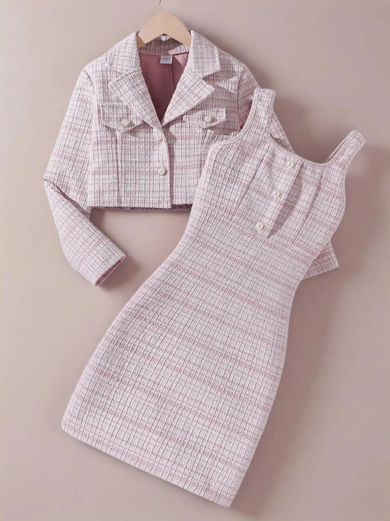 Girls' 2-Piece Set, Fashion Clothes Set, Small Perfume Style, Button-Down Collar Short Cardigan Long Sleeve Jacket with Dress, Matching Outfits Set, Chic Sweet Elegant