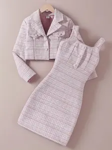 Girls' 2-Piece Set, Small Perfume Style, Button-Down Collar Short Cardigan Long Sleeve Jacket with Dress, Chic Sweet Elegant