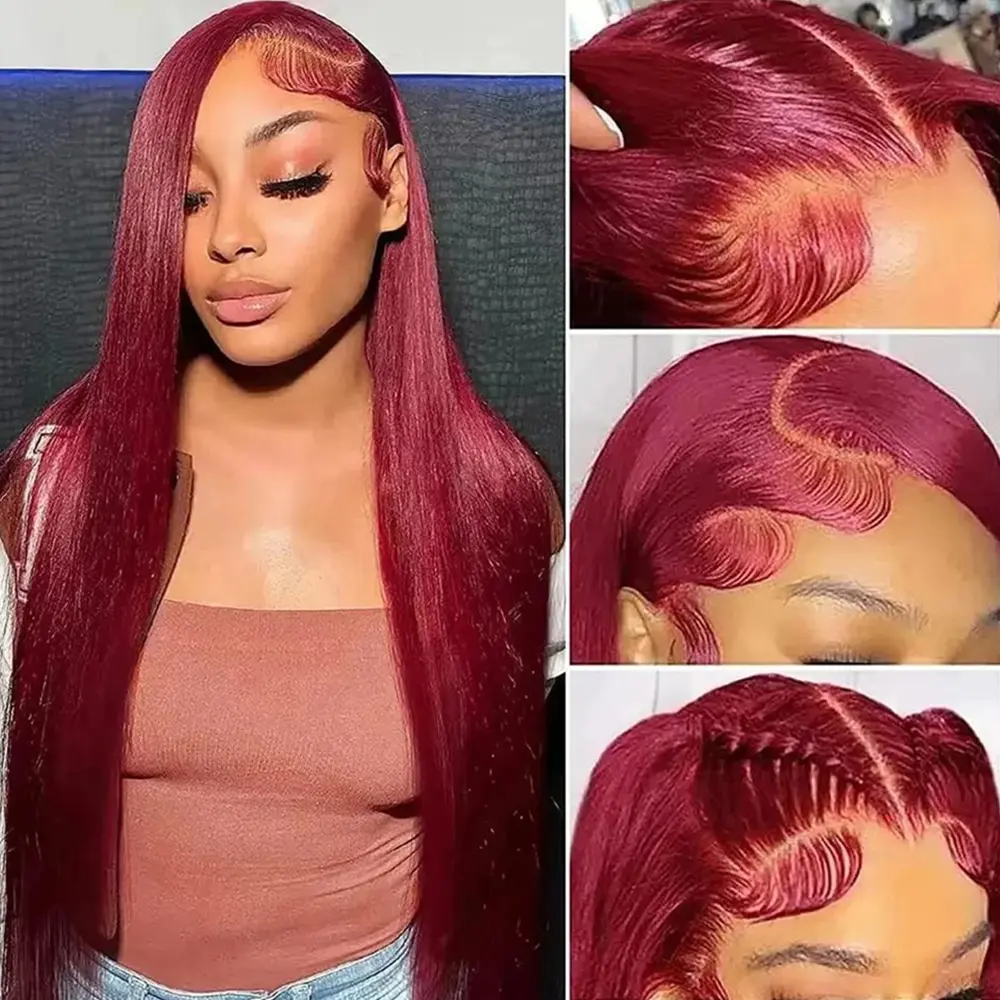 Bling Hair 99J Burgundy Straight Lace Front Wig Human Hair 180 Density Pre Plucked Wine Red Brazilian Virgin Hair Natural Hairline for Women