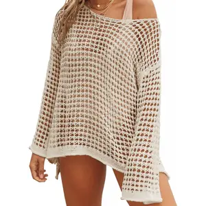 Women's Beach Cover-Up Long Sleeve Crochet Knit Cover-Up Suitable for Swimwear Mesh Knit Swimsuit Cover-Up XS-XXL