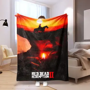 Red Dead Redemption themed flannel blanket with sunset silhouette print, suitable for all seasons, suitable for bed, sofa, office and outdoor