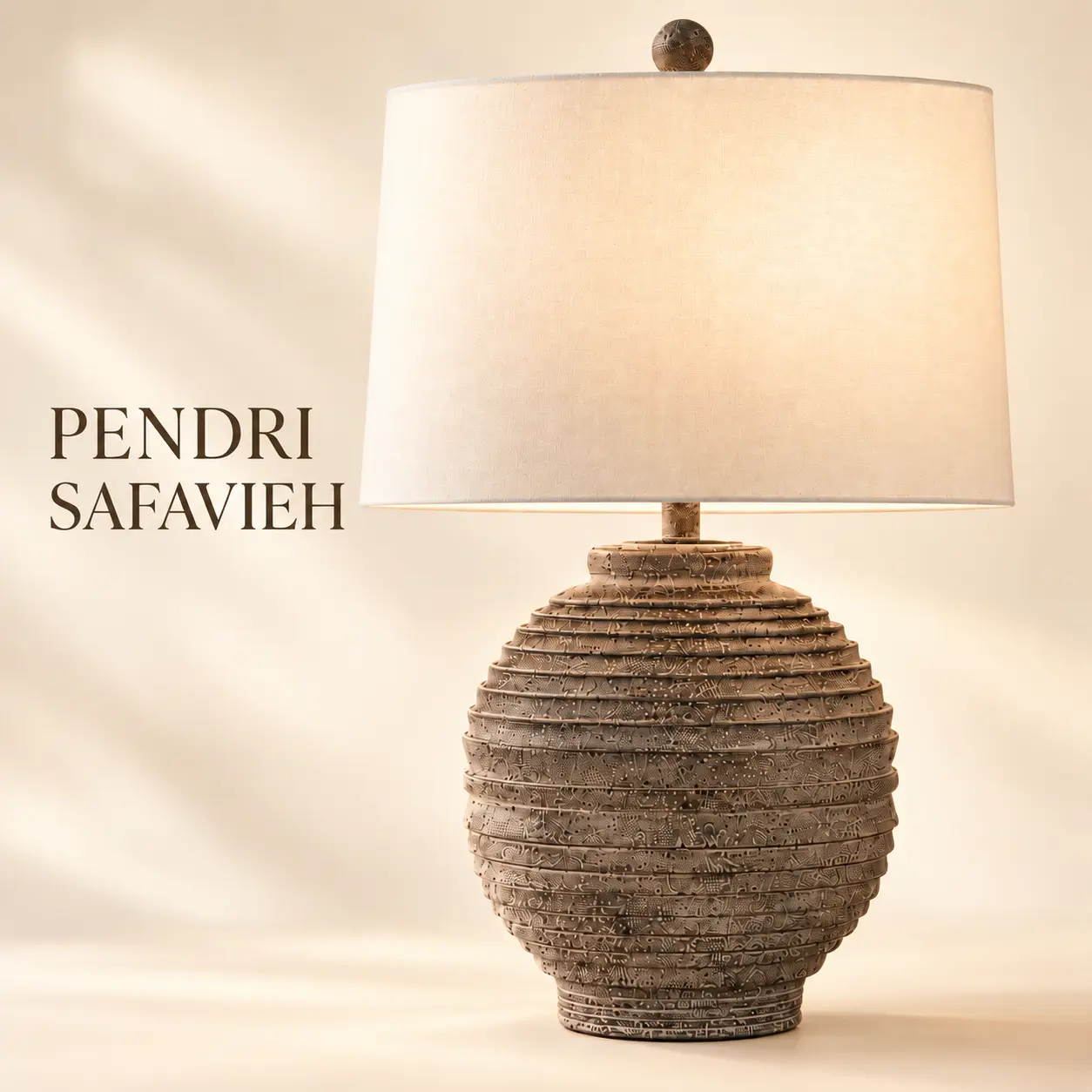 SAFAVIEH Pendri 24" Sculptural Table Lamp, Ribbed Gray-Brown Resin Base & White Drum Shade, Organic Modern Decor, Bulb Included