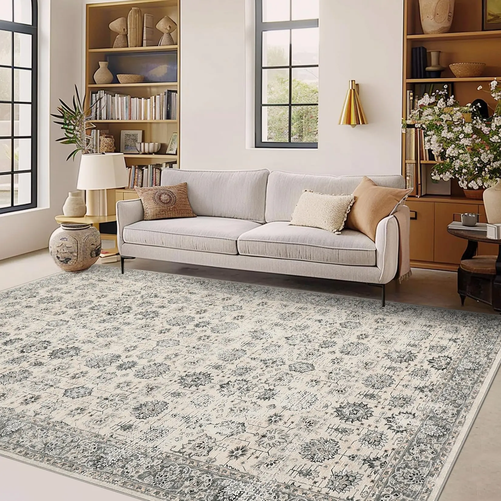 GARVEE Vintage Washable 5x7 Non-Slip Boho Rug for Living Room, Area Rug for Bedroom, Distressed Large Oriental Accent Soft Non Shedding Throw Carpet for Kitchen Office Carpet Beige