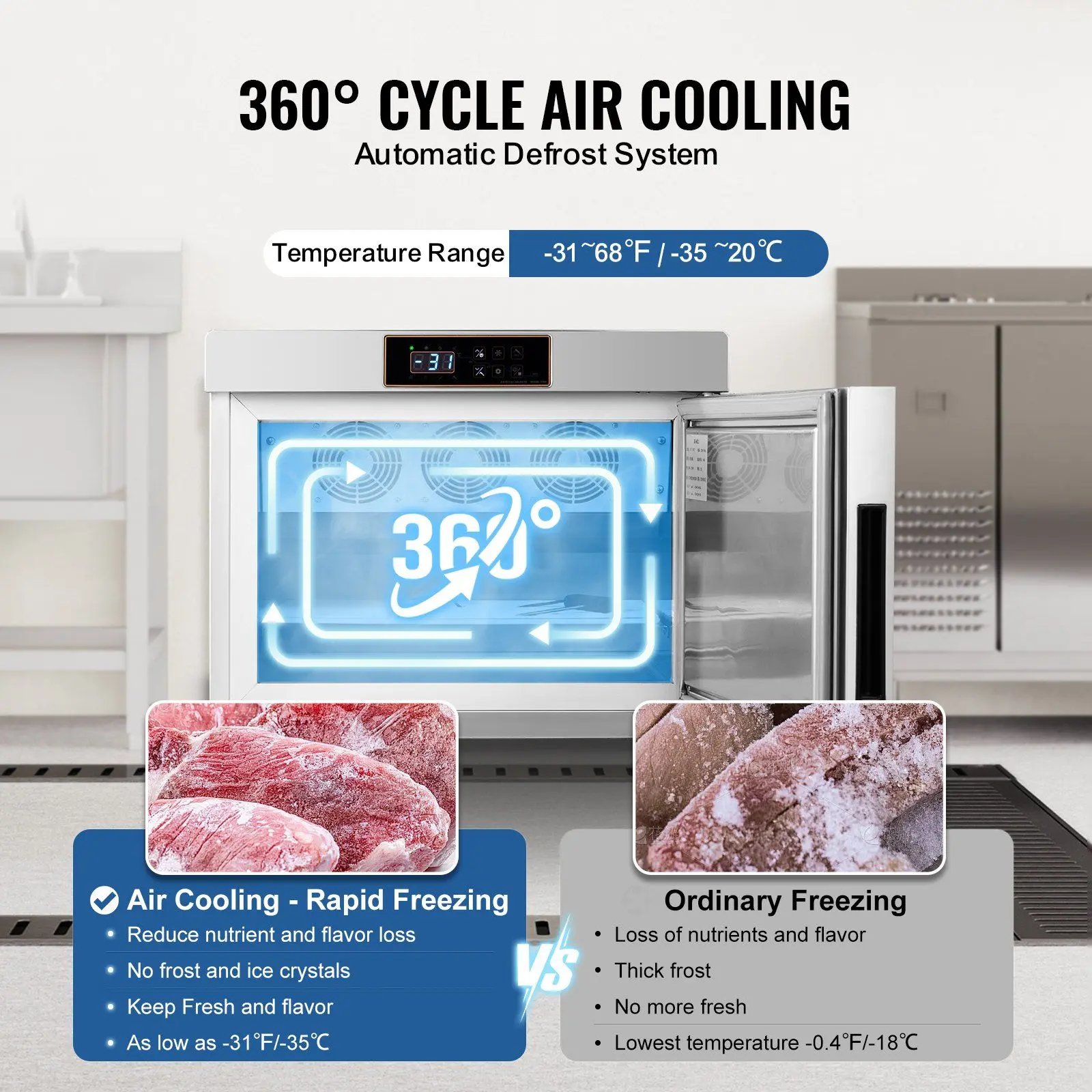 VEVOR 32L Commercial Blast Freezer with 4 Trays, Pure Copper & Thickened 304 Stainless Steel Build, Powerful Compressor, Automatic Closing, Temperature Probe, Rapid Freezing for Inserted Into Food, Seafood Ice Cream Storage