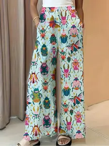 Women's All Over Print Pocket Wide Leg Pants, Casual Chic Trousers, Casual Comfy Trousers for Daily Wear, Ladies Bottoms for Fall & Winter