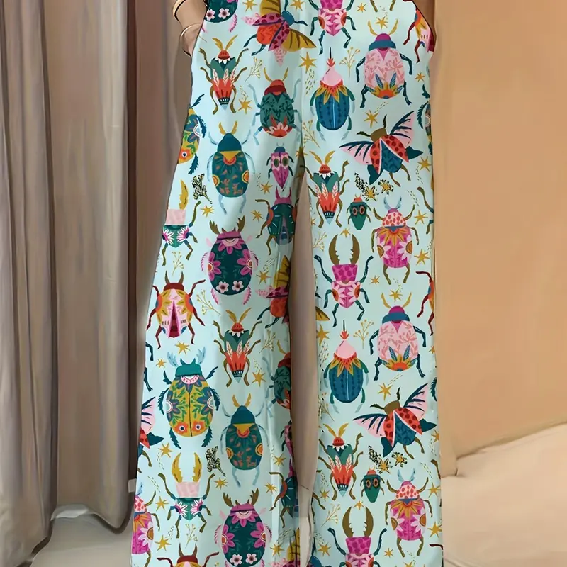 Women's All Over Print Pocket Wide Leg Pants, Fashion Versatile Pants, Casual Comfy Trousers for Daily Wear, Ladies Bottoms for Fall & Winter