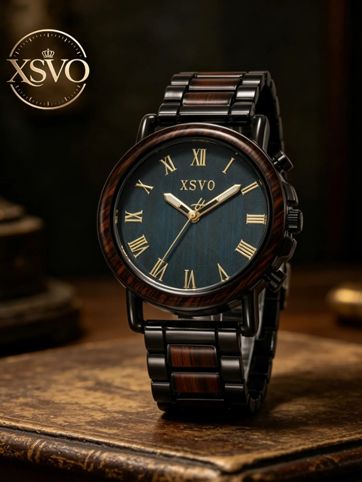 Xsvo Vintage Walnut Roman Numerals Men's Analog Quartz Watch, Business Style Wooden Steel Band, Casual Sporty Round Face, Blue Dial, Analog Watches