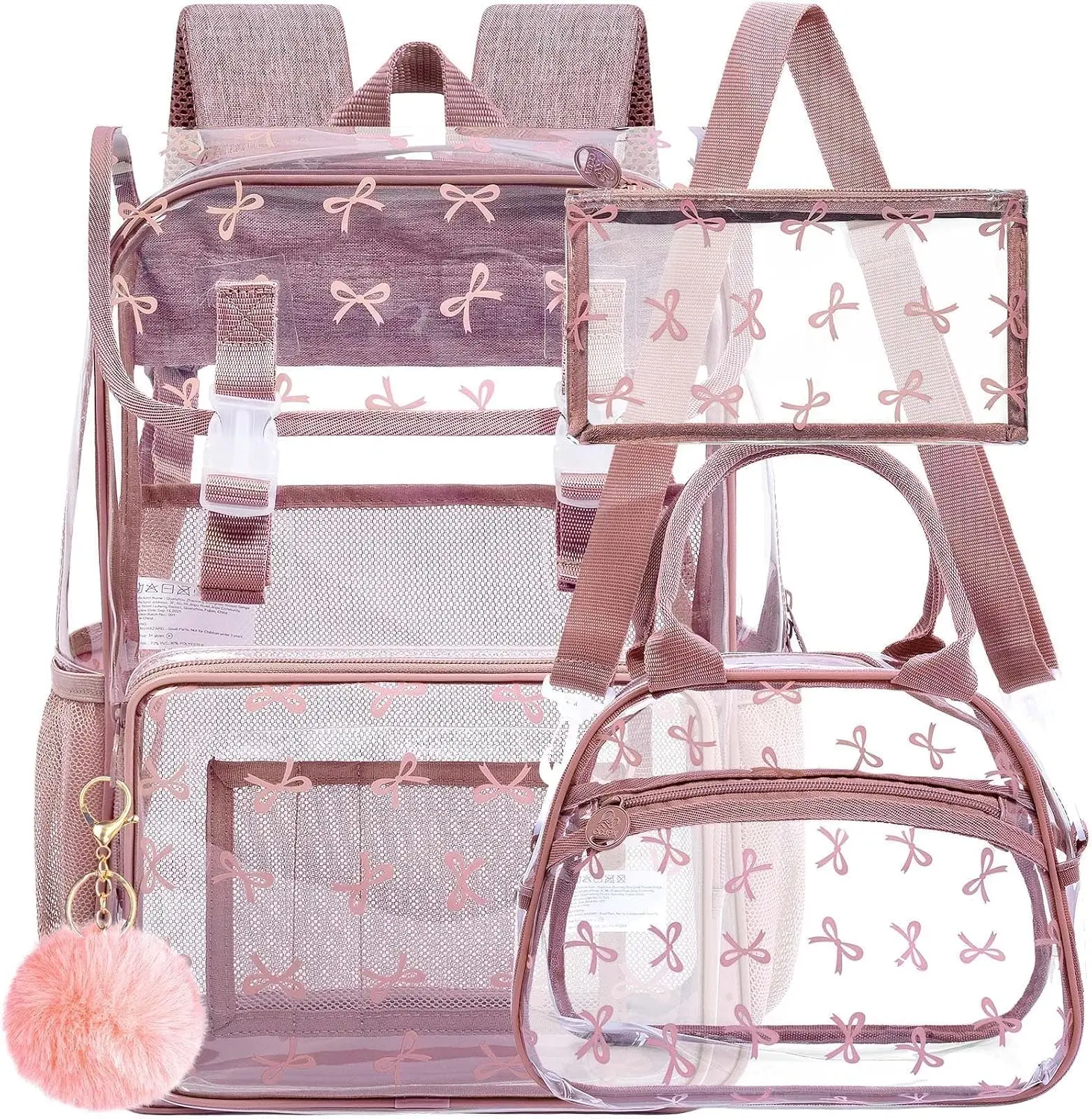17" Bow Clear Backpack for Girls - 3Pcs Flip Design Stadium Approved Set, Campus/School Transparent Bookbag (Pink)