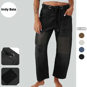 Imily Bela Womens Baggy Barrel Horseshoe Jeans Wide Leg Patchwork Low Rise Denim Pants with Pockets