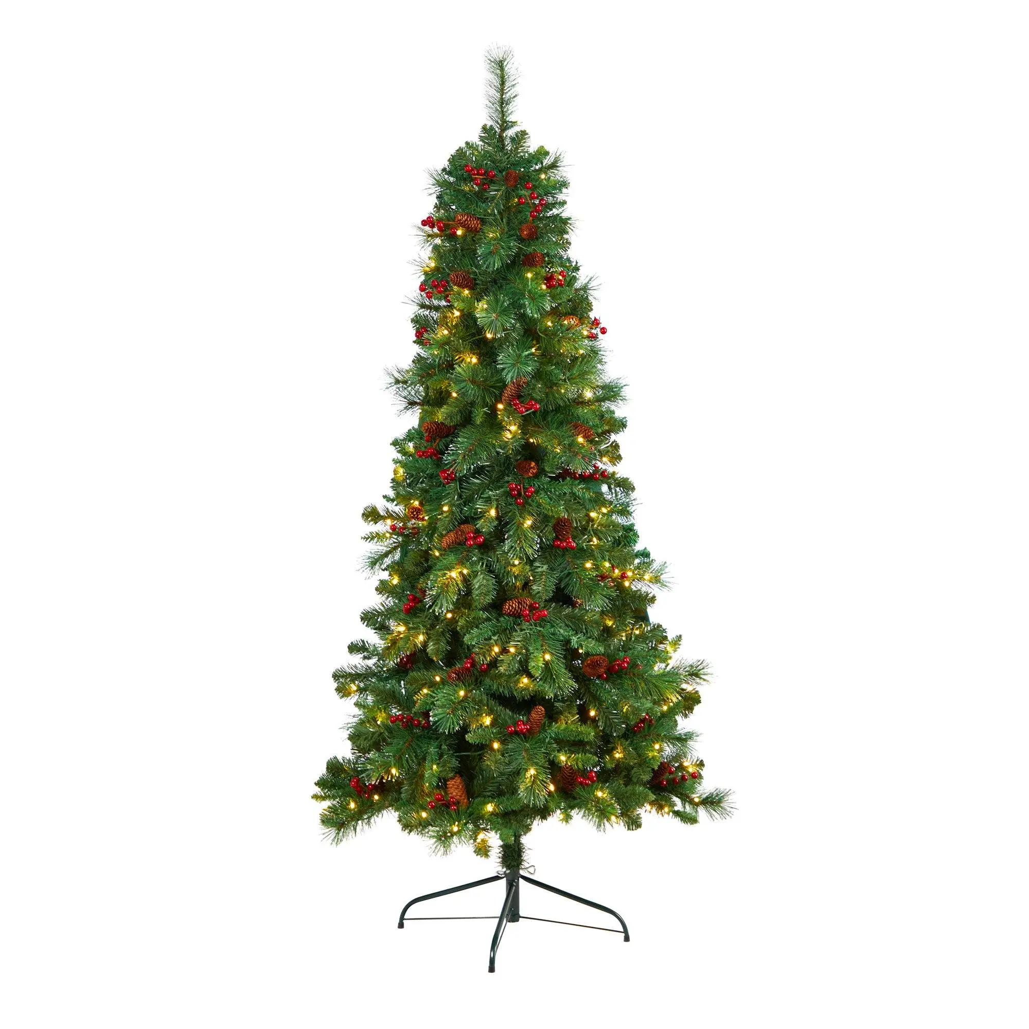 6ft Standing Montreal Mountain Artificial Christmas Tree with Flat Back, Pine Cone Ornaments, Berries, Party Lights for Room & Party Decoration Supplies