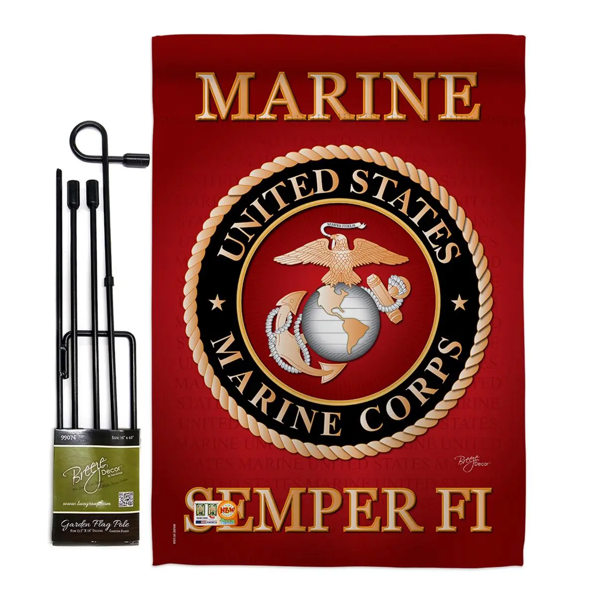 212 MAIN 13x18.5 in. Marine Corps Theme Vertical Double-Sided Decorative Garden Flag Set, Includes Americana Military Impressions Banner Pole (Breeze Decor BD-MI-GS-108057-IP-BO-D-US10-MC), Outdoor, Yard