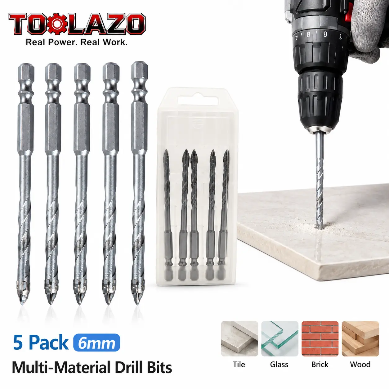 TOOLAZO 5-Pack 6mm 4-Flute Titanium-Coated Carbide Sawtooth Drill Bits - Multi-Material for Tile, Concrete + Heavy-Duty Angle Wheel Swivel Blade Burr Removal Tool for DIY Hole Drilling impact countersink battery lithium-ion max dcb200 dcd multipurpose