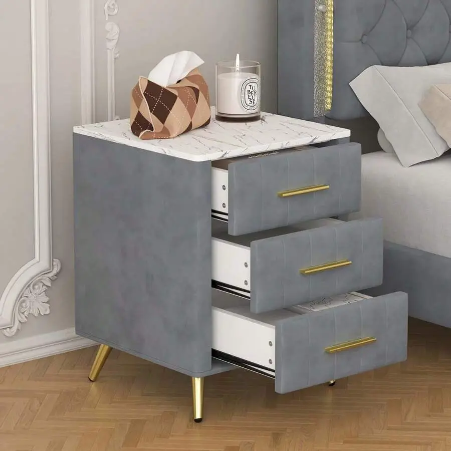 Upholstered Wooden Nightstand - 3-Drawer Multi-Purpose Sleek Bedside Table with Metal Legs & Handles, Marbling Worktop Wide Chest, Multi-Purpose Bedside Tables, Sleek Bedside Tables