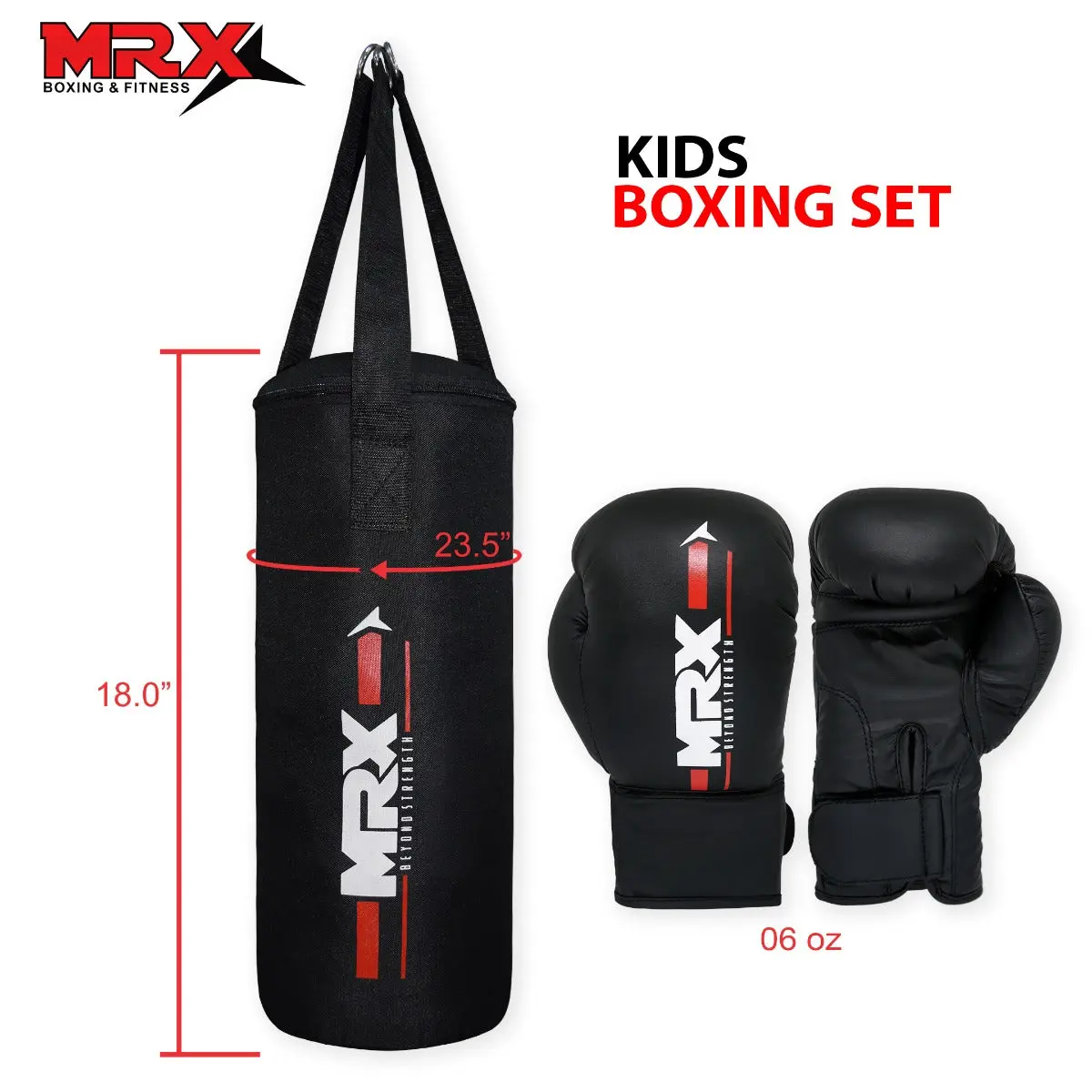 MRX BOXING & FITNESS Kids' 6 Oz Black PU Synthetic Boxing Gloves Set - Red Printing, Nylon Cloth Training Equipment for Boxing Training, Punch Bags (Sports & Outdoor Confidence-Building Accessories), Muay Thai Training