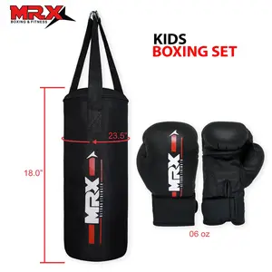 MRX Kids Boxing Gloves Set Junior Punching Bag MMAHEALTH & SELF CONFIDENCE, 6 Oz Black PU Synthetic Leather with Red Printing