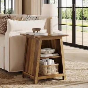 LITTLE TREE Small 3-Tier Square End Table with Storage Shelves, Wood Finish Side Table with Closed Back for Living Room, Nightstand Bedside Table for Bedroom, Easy to Assemble