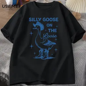 Men's Cotton Shortsleeve Round Neck Casual Tshirt Top - Streetwear Graphic Tee with Viral Western Silly Goose On The Loose Meme, Plants Accent