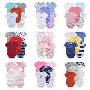 Kiddiezoom 5-Pack 100% Cotton Cartoon Cute Pattern Short Sleeved Baby Clothes Set (0-12 Months)