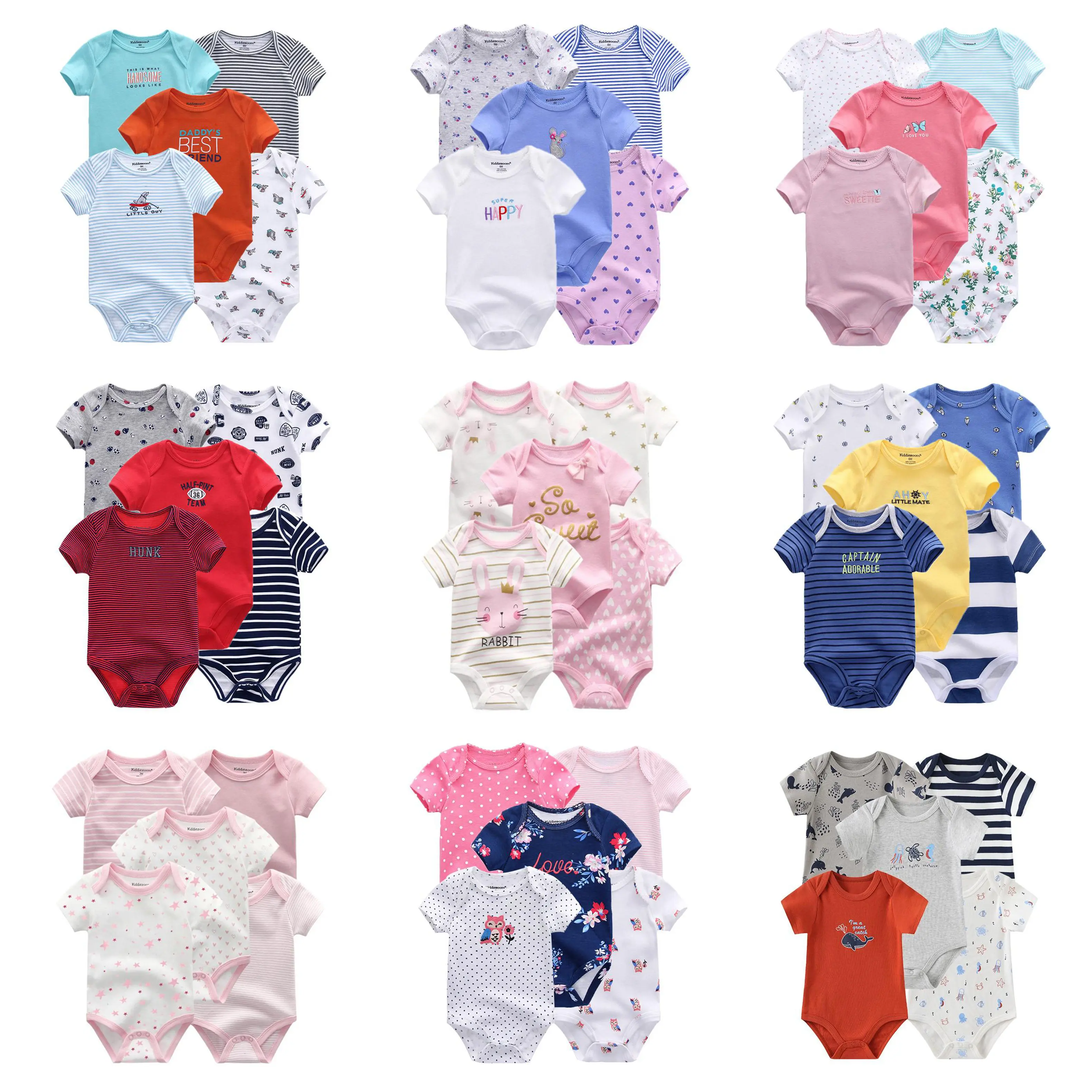 Kiddiezoom Unisex 5-Pack Set - 100% Washable Cotton Cartoon Print Charm Bodysuits & Rompers, Newborn Onesies, Suitable for All Seasons, 0-12 Months Baby Clothing, Characters, Butterfly, Animals, Baby Clothing Set, Crew Neck, Loose Fit, Plain, 12M, Pure Co