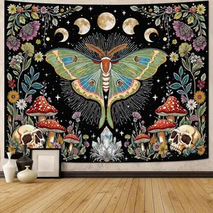 Moth Tapestry Boho Mushroom Hippie Skull Wall Tapestry for Bedroom Aesthetic Vintage Floral Plant Moon Phase Small Tapestries Wall Hanging for Dorm Living Room Decor 80 x 60 Inch