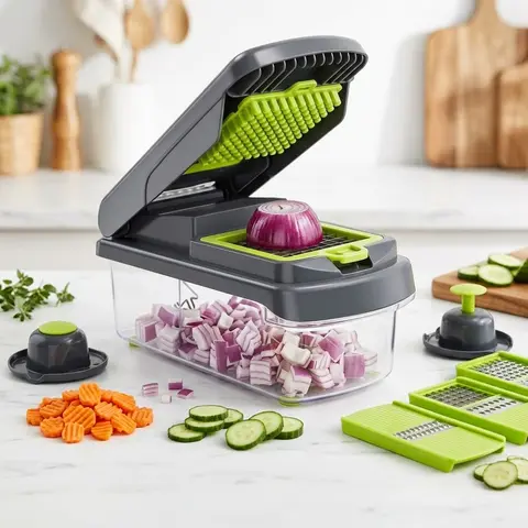 14-in-1 Vegetable Chopper Cutter with Stable Non-Slip Base, Food-Grade ABS Plastic Container, Stainless Steel Mandoline Slicer, Fruit Dicing & Salad Prep Tool with Hand Guard