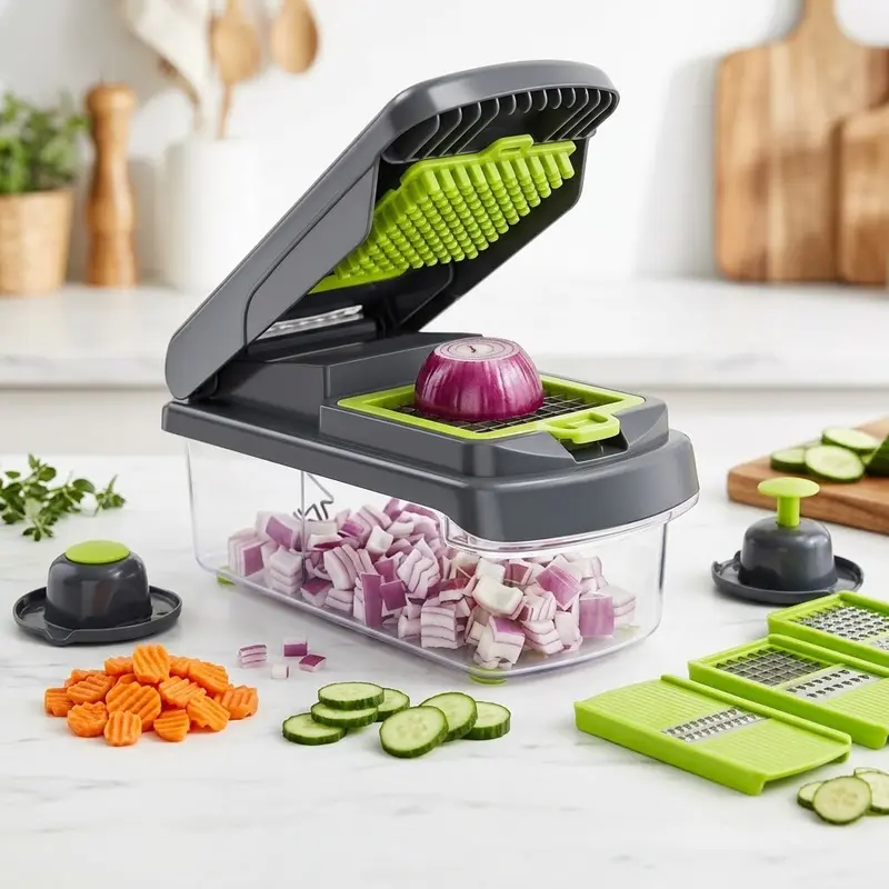 14-in-1 Vegetable Chopper Cutter with Stable Non-Slip Base, Food-Grade ABS Plastic Container, Stainless Steel Mandoline Slicer, Fruit Dicing & Salad Prep Tool with Hand Guard